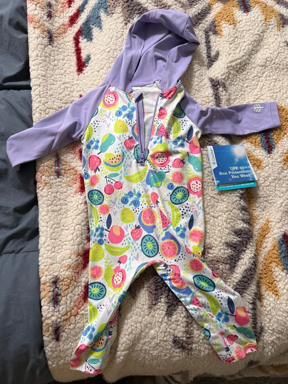 NEW Coolibar Lavender-Sleeve Kids Sunsuit with Colorful Fruit Print 6-12mos
